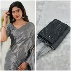 New Designer Plain Tussar Silk-Cotton Tissue Saree with a Heavy Silk Thread-Work Blouse Piece