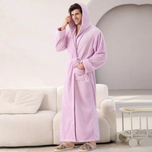 Sacesr Extra long hooded thickened flannel couple bathrobe reaching ankles for autumn and winter 2Z5B1