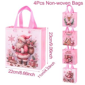 4/8pcs Christmas Black Golden Tote Bags with Handles Santa Claus Printed Large Non Woven Gift Bag 2026 Navidad Party Supplies Xmas Tree Snowman Designs Gift Packaging for 2027 Happy New Year