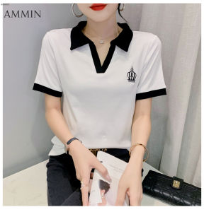 AMMIN Áo Thun Nữ Phong Cách Hàn Quốc Cổ Polo Ngắn Tay Thêu Họa Tiết