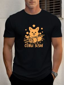 T Shirt For Mens Corgi Sushi 100% Cotton Graphic Print Summer Round Neck Tee Casual Breathable Streetstyle Daily Cool T Shirt