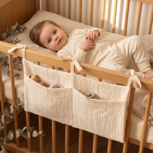 OOC Pure Cotton Childrens Storage Bag Foldable Double-Layer Baby Crib Hanging Bag Breathable Portable Stroller Diaper Organizer Children Bedding