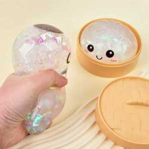 Cute Glitter Squishy Bun Toy withBamboo Steamer Transparent Sparkle Flowing Liquid Stress Relief Squeeze Toy Kawaii Cartoon Face Silicone Fidget Sensory Toy Gift for Kids