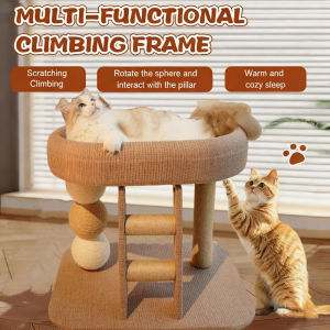 4in1 Wooden Cat Tower Climbing Activity Tower with Three Hanging Ball Toys All-Season Cozy Cat Scratching Post Cats Products