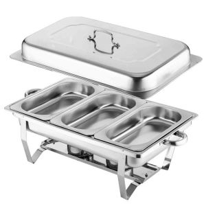 3 Grids Electric Chafing Dish Food Warmer with Lid 9L Stainless Steel Food Insulation Cabinet with Visual Flip Cover Integrated Electric Food Warmer Heater Portable Food Display Cabinet Electric Thermostatic Box Knob Temperature
