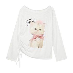 GOOTRADES คอเอียง เสื้อพิมพ์ลายแมว สัตว์การ์ตูน บางและบาง เสื้อยืดผู้หญิงหวานๆ นุ่มนุ่มๆ หลวมหลวมๆ เสื้อยืดแขนยาว สาวๆ