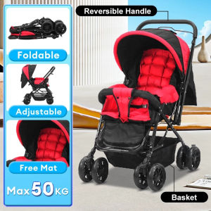 Beige Stroller for Baby Two-Way Reversible Handle Foldable Stroller for Toddler with Canopy Baby Stroller