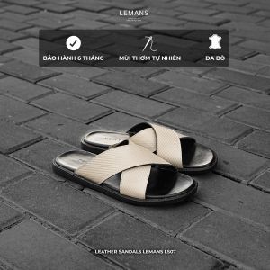 Dép quai chéo nam LEMANS da bò - LS07.2 màu Be đế cao su có mùi thơm BH 06 tháng