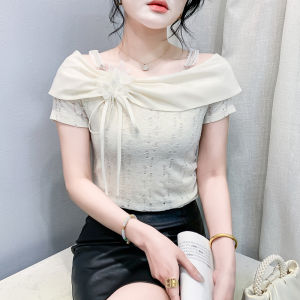 YIMEI Exquisite Fashion Summer Three Dimensional Flower Design Irregular Short Sleeve Lace Shirt Sweet Age Reducing Wrinkle Waist Pink Elegant Top