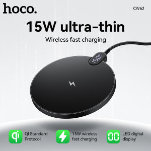 HOCO CW62 Qi 15W Type-C Wireless Charger Cable Desktop Wireless Fast Charger With LED Digital Display For Smartphone/TWS Earphones Wireless Mini Charging Pad1.2M Length