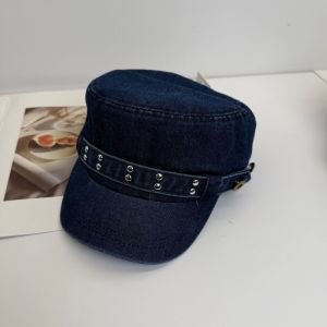 ELFINL Cloth Rivet Denim Beret Y2k Washed Denim Rivet Flat Top Personality Fashion Denim Octagonal Hat Ladies