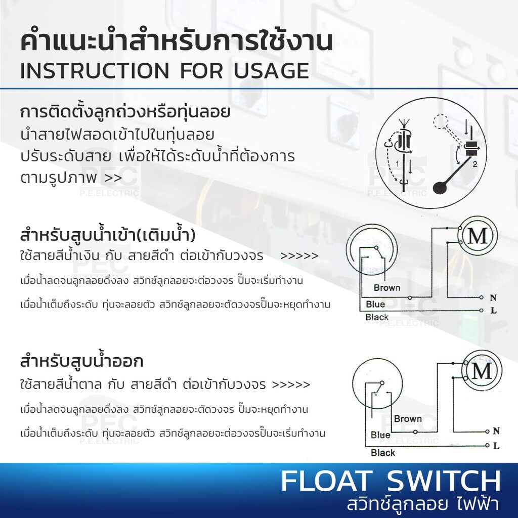 อุปกรณ์เสริมสำหรับปั๊มน้ำ ลูกลอย ไฟฟ้า  Float switch  สวิตซ์ ลูกลอยไฟฟ้า ใช้ได้ทั้ง  12V 24V 220v 380V สายยาว 1m,2m,3m,5m,6m,8m,10m,15m POWERTECH