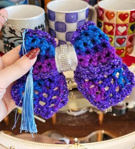 Crochet keychain blue/purple bow crystals handmade for girls and lady bag purse gift/wedding/graduation/birthday