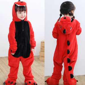 ชุดนอนไดโนเสาร์สีแดงสําหรับเด็กชาย/หญิงชุดใส่นอนรูปสัตว์ชุดนอนมีฮู้ดทําจากผ้าสักหลาดชุดใส่ในบ้านวันฮาโลวีนไม่มีรองเท้า