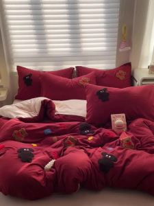 A Class ins Cute Towel Embroidered Four-Piece Set Cartoon Thickened Washed Cotton Duvet Cover Bed Sheet Machine Washable Quilt Cover Three-Piece Set LZD