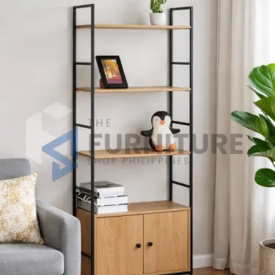 4-Layer Bookshelf Storage Rack with Cabinet | Wooden Display Shelf Metal Frame Organizer | Living Room & Office Storage Shelf RK-CWG6024144L l Bookshelves/Book Shelf l Modern Minimalist