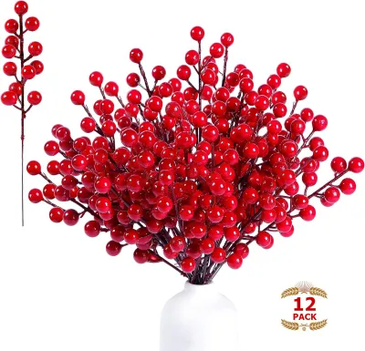 NUVOX 36pcs Artificial Red Berry Stems8.6 Inch Christmas Holly Berry Branches Red Berry Stems for Holiday Home Decor and Crafts