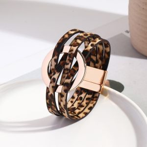 BELLETEN ic Snap Leopard Print Leather Bracelets Bohemian Adjustable Hollow Circle Bracelet Fashion Wide Wrap Circle Cross Bracelet for Women