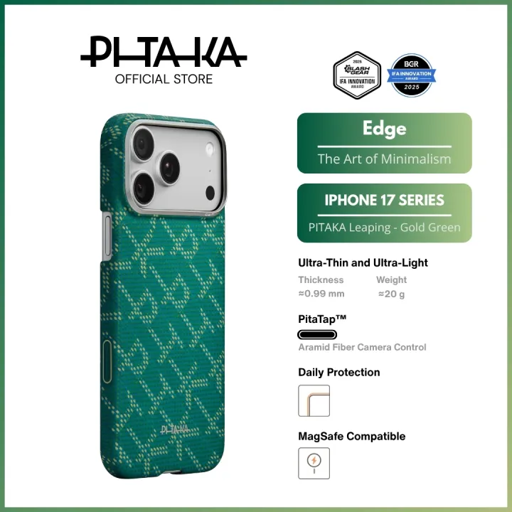 PITAKA iPhone 17 Pro/Pro Max - Ultra-Slim Edge Case - Magnetic/PitaTap™ Button (PITAKA Leaping - Gold Green)