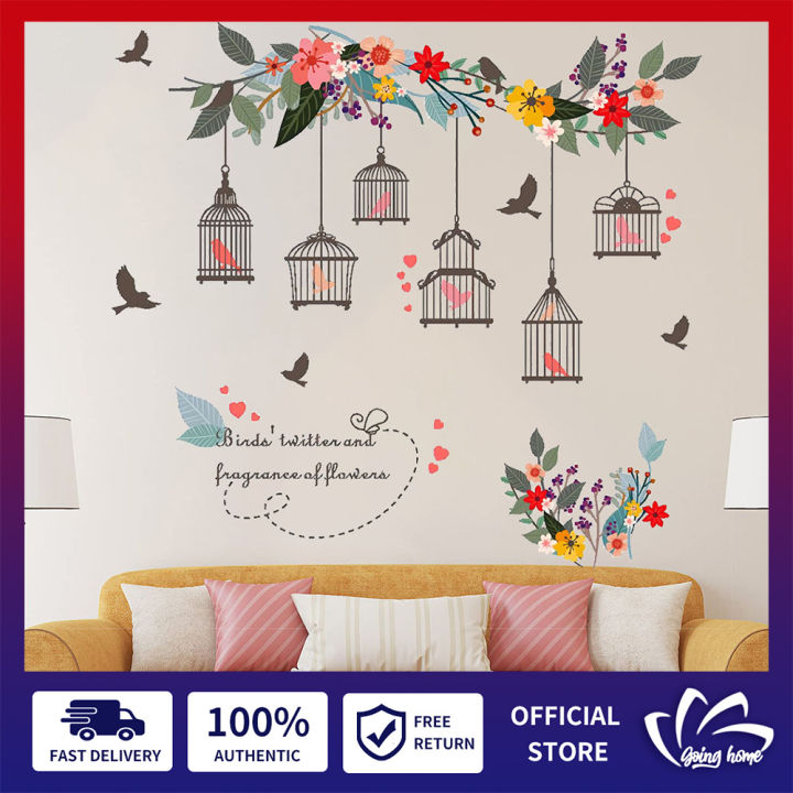 Birdcage Wall Decals Flowers Flying Birds Wall Stickers Removable  Waterproof Art Wallpapers Home Decor PVC DIY Self-Adhesive for Living Room  Nursery