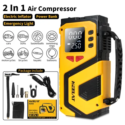 KEELAT Mini Air Pump with Power Bank Portable Wireless Tire Inflator Fast Charging Emergency Air Compressor