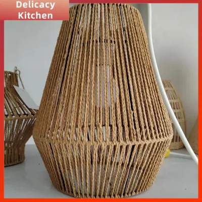 โคมไฟหวายสานเชือกโคมระย้าบังไฟอันโอชะสำหรับห้องครัวย้อนยุคแบบ DIY สำหรับห้องรับประทานอาหารที่คลุมโคมไฟเพดานแบบชนบทหรูหรา