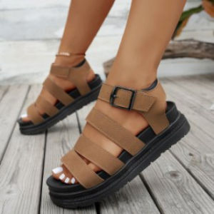 [Free Shipping] New Thick-Soled One-Strap Solid-Color Buckle-Strap Plus-Size Hollow-Out Roman Sandals For Women