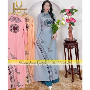 Áo Dài Lụa Habutai Truyền Thống Hoạ Tiết Trống Đồng K82 Ghi - Áo Dài Xuân Quỳnh