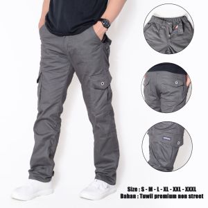 Celana Cargo Pria Full Length Twill Premium Non Stretch Pinggang Elastis Warna Army