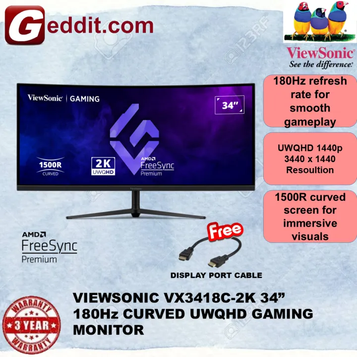 VIEWSONIC VX3418C-2K 34" UWQHD 180Hz CURVED GAMING MONITOR - 1MS,HDMI AND DP PORT (FREE DISPLAY PORT CABLE)