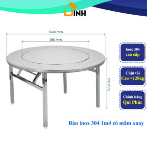 Bàn inox 304 tròn 1m4 Qui Phúc bàn ăn mâm xoay thông minh chân xếp tiện lợi