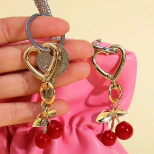 Heart Red Cherry Keychain Bag Handbag Pendant Car Key Accessories Golden Leaf Keyring Trendy Jewelry