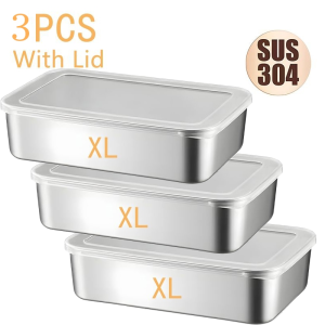 4Pcs 304 Stainless Steel Storage Box Kitchen Fresh-keeping Box with Lid Refrigerator Fruit Container