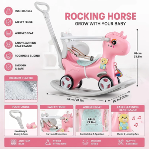 3-in-1 Baby Rocking Horse Ride On Push Car with Parent Handle Anti-Tip Kids Toddler Toy