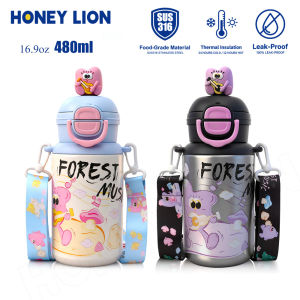 480ML Kids Cartoon Thermos 316 Stainless Steel 3D Figurine Lid Dual Drink Leakproof Tumbler Wide Shoulder Strap School Gift for Girls Women- HoneyLion