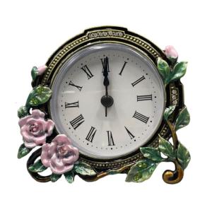 Vintage Miniature Analog Clock Quiet Movement Handcrafts Metal Enamel Floral Desk Clock for Home Office Decors and Gift