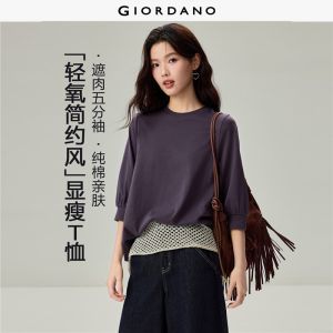 Giordano Beau Monde Women 100% cotton 1/2 lantern sleeve tee Free Shipping 13326603