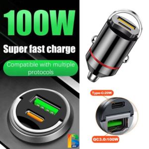 100W Mini Car Charger USB Type-C Quick Charge Fast Charging Phone Dual Port Adapter Pull Ring Type C
