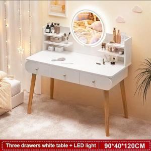 White Dressing Table With Mirror And Light Bedroom Minimalist Modern Ins With Drawer Two Drawers LED Light 80*40*120CM
