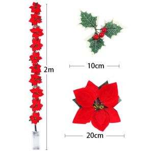 2M 10 LED Christmas Artificial Flowers Garland String Lights Holly Leaves Xmas Christmas Trees Pendants Ornament Christmas Flowers Lights Household Decorations Window Display Party Christmas Home Decor
