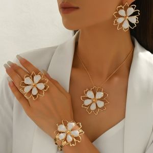 TEWUB 5 pcs/set Alloy Flower Jewelry Set Drip Oil Hollowed-Out Design Earrings Necklace Bracelet Ring Elegant Lightweight Statement Costume Jewelry Women