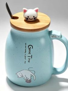 ≮1021≯Walfos Cute Cat Ceramic Coffee Mug with Wooden Lid & Spoon Aesthetic Cartoon Breakfast Milk Cup Office Home Water Cup Birthday Gift for Women
