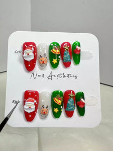 100% HANDMADE Artificial Nail Merry Christmas medium trapezoidal nails Santa Claus snowman elk nails Phototpy Fake Nail Patch Press on Nails Reusable With Free Glue
