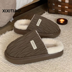 Xixitiao Dép Cotton Đệm bảo vệ ngón chân chất liệu da PU Xếp Li Thời trang cho nam Giày cotton cao cấp giải trí ấm áp mới mùa đông