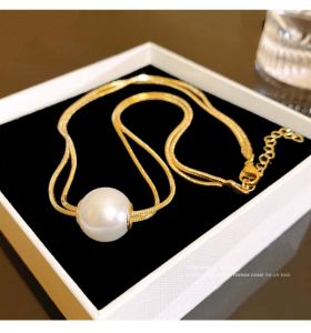 good 999 18K Gold Large Pearl Double Layer Fashion Necklace N8343