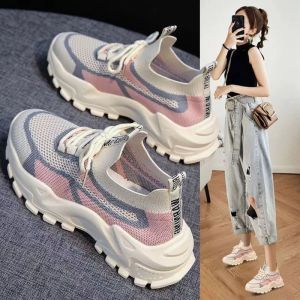 Womens Flying Woven Running Shoes Breathable Mesh Walking Shoes Lace Up Outdoor Casual Sneakers