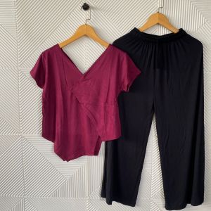 Setelan Celana Panjang V-Neck Sambung/Set Wanita Lengan Pendek/Pakaian Wanita/Bynayla.id