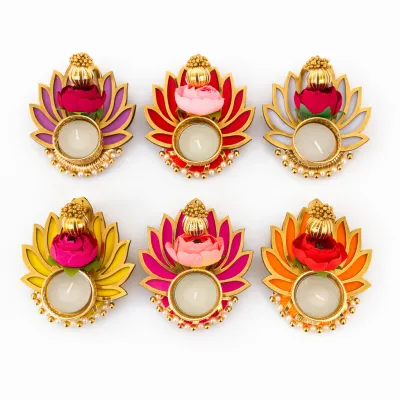 Decorative Handcrafted Lotus Tealight Candle Holder | Reusable Rangoli for Pooja Floor Decor & Festive Diwali Decoration (Pack of 1 Pc)