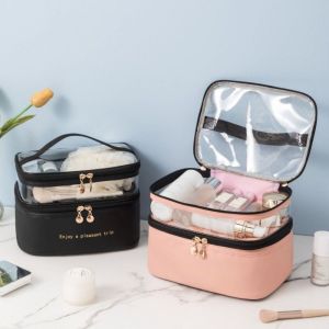 HI MIA PVC Transparent Cosmetic Box Waterproof PU Cosmetic Organizer Bag Portable Dry and Wet Separation Travel Toiletries Storage Bag Female/Girls