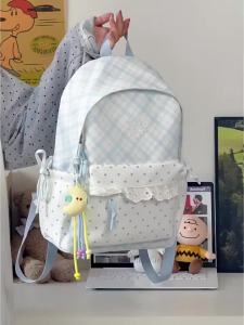 AE Ba lô phối ren và vải caro xanh trắng viền ren phong cách ngọt ngào dành cho nữ sinh cấp 2 và cấp 3 ba lô du lịch nhỏ gọn cho nữ.